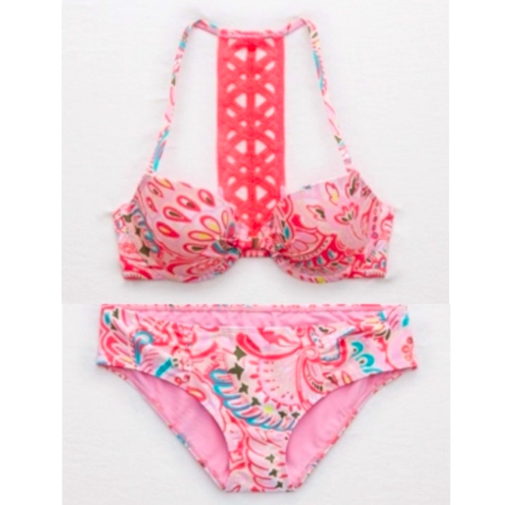 🆕 AERIE 2-pc Lightly Lined Crochet Back Bikini Top & Hipster Bottom